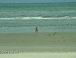 Frau mit Kindern spazieren am Strand